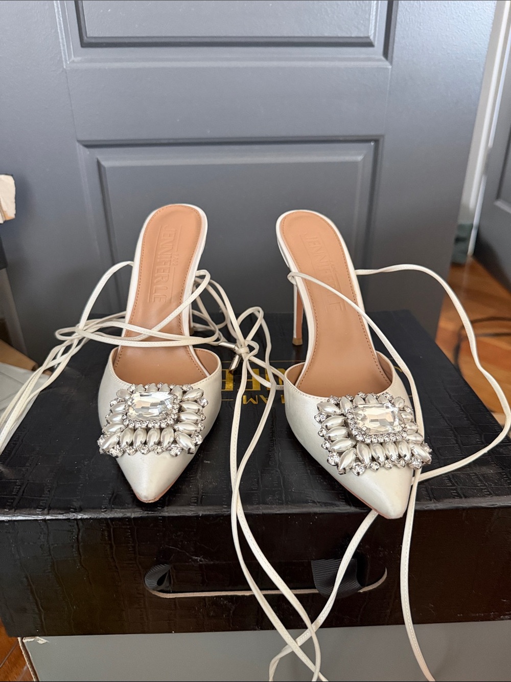 Crystal-Embellished White Pointed Toe Lace-Up Heels